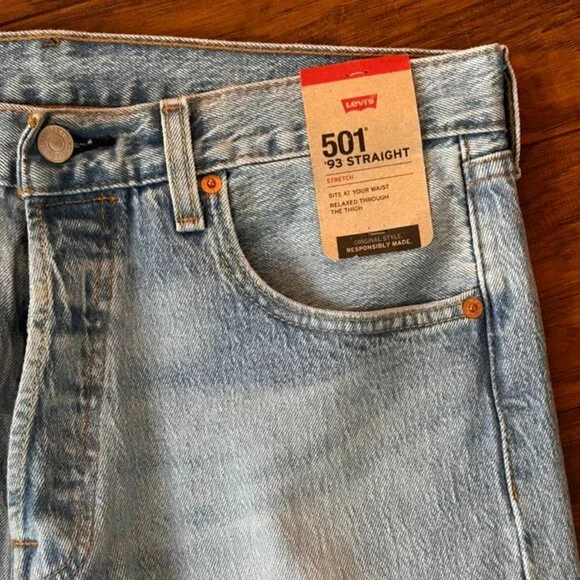 LEVI'S 501 93' straight Jeans Original Button Fly 36X30 light wash distressed - Picture 3 of 8